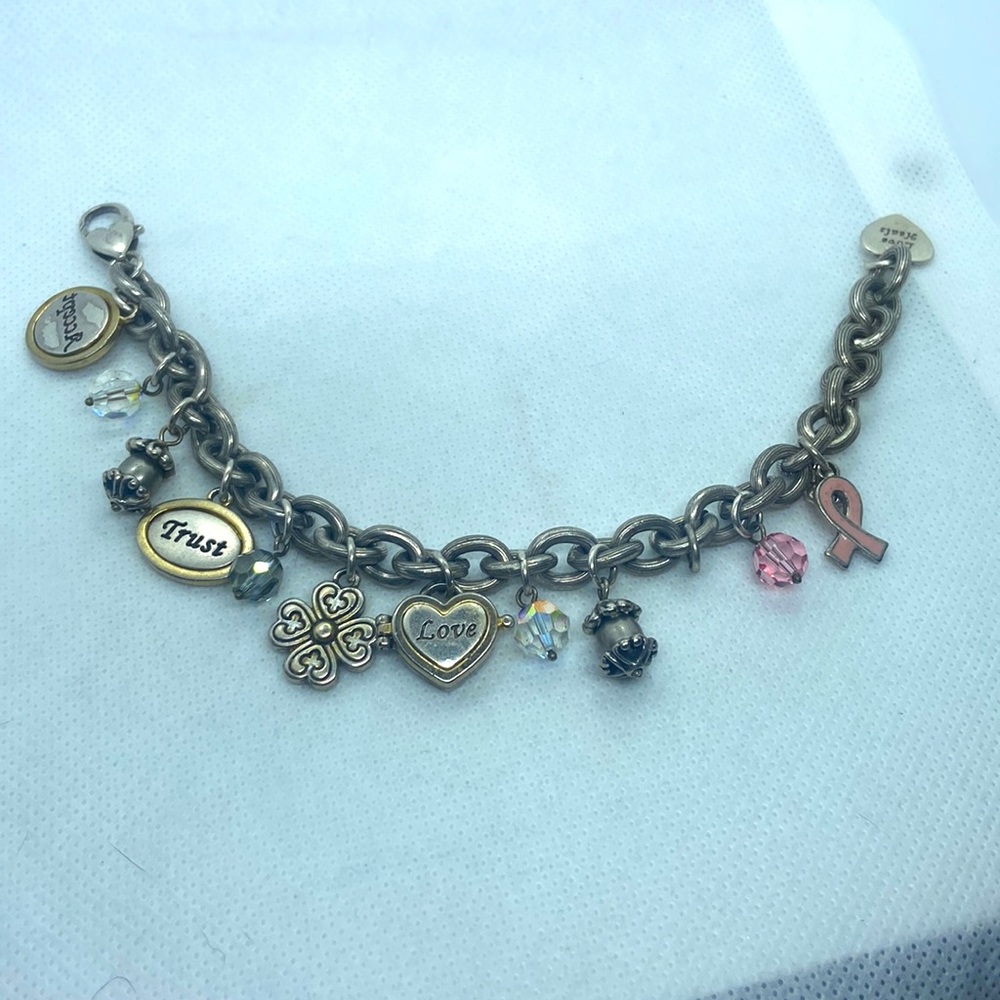 Brighton pink ribbon charm bracelet- Accept, Trust, Love- w/ 1 charm missing